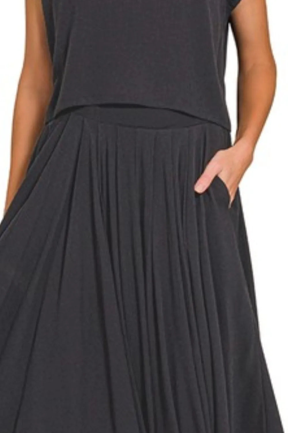 Black Woven Crinkle Gauze Crop Tee and Skirt Set - Tigbul's Variety Fashion Shop