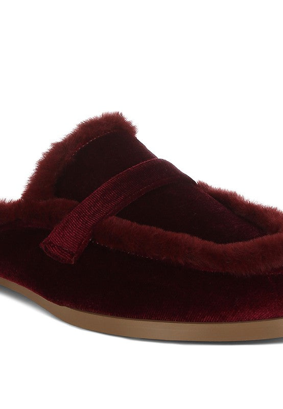Seyhan Fur Detail Velvet Slip-On Mules - Tigbul's Variety Fashion Shop