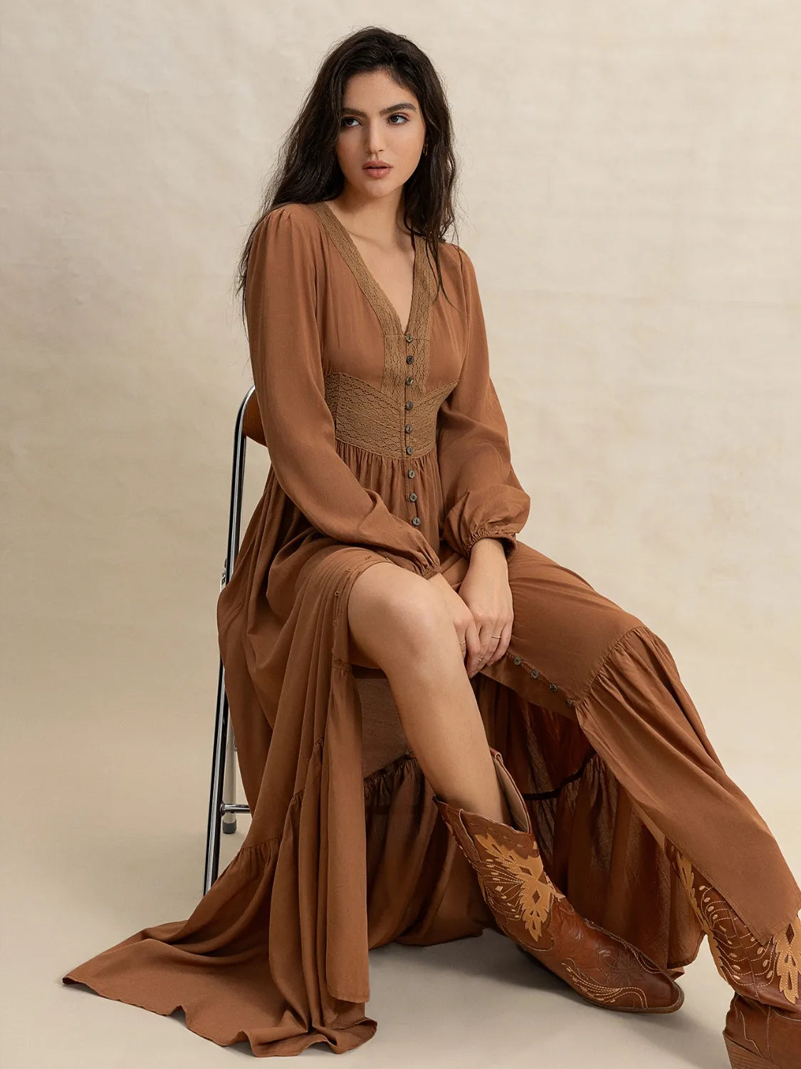 Brown Ruffled Hem V-Neck Balloon Sleeve Maxi Dress - Tigbul's Variety Fashion Shop