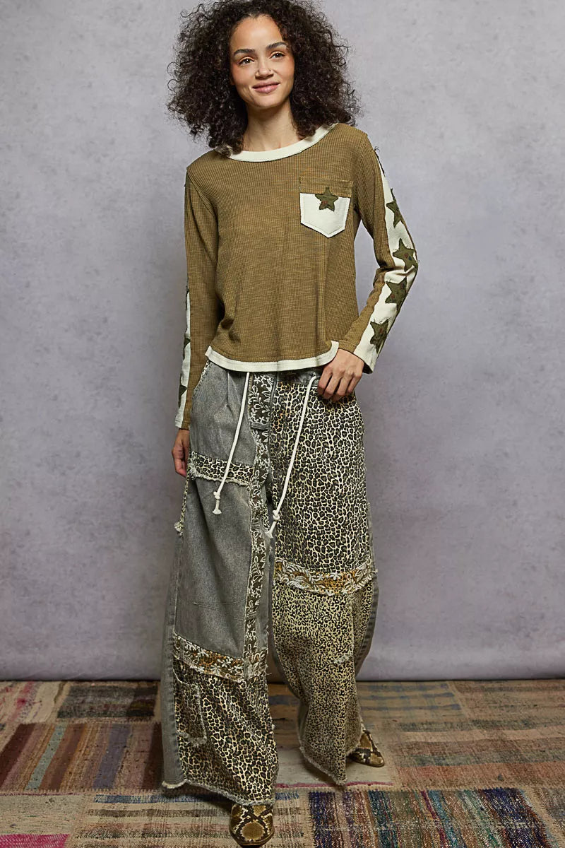 POL Round Neck Long Sleever T-Shirt with Star Patch - Tigbul's Variety Fashion Shop