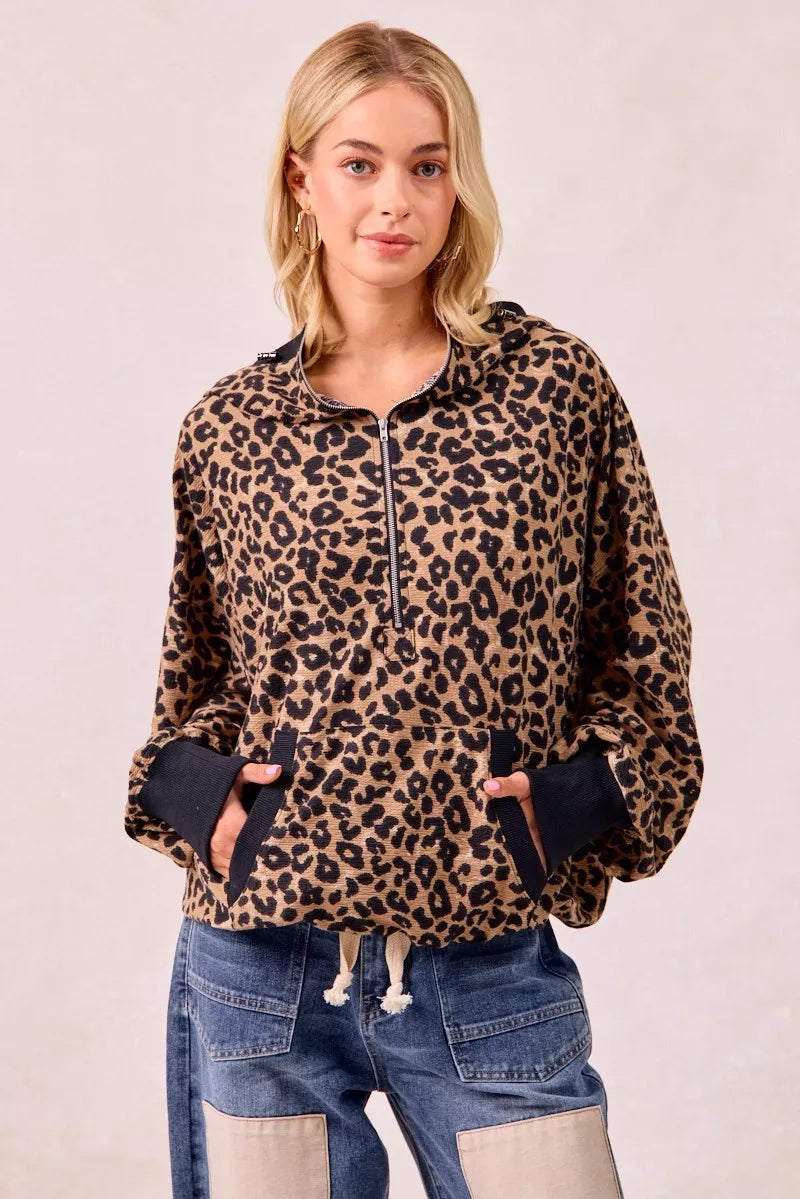 BiBi Leopard Print Waffle Half Zip Up Hoodie W Pocket - Tigbul's Variety Fashion Shop