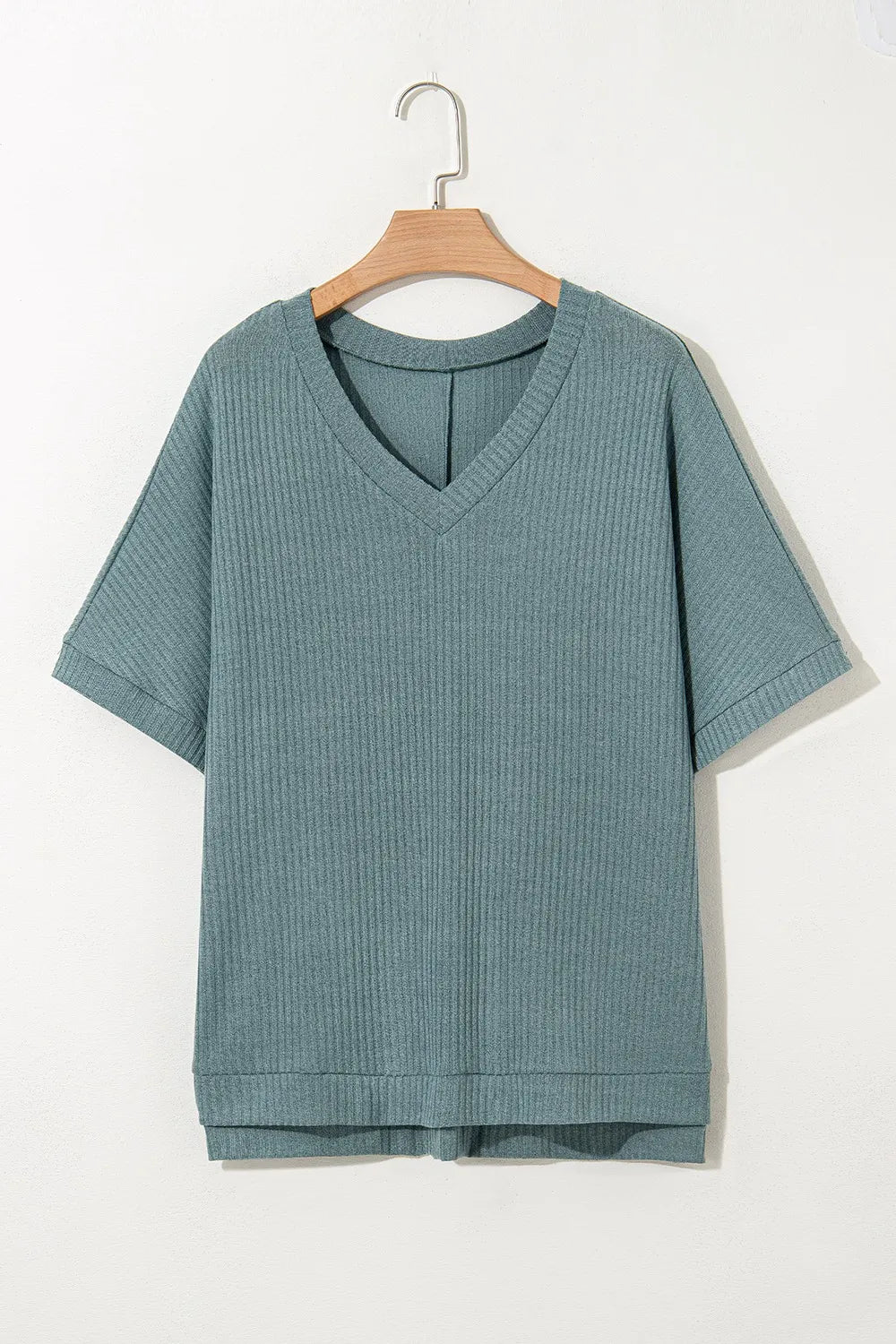 Blue Oversized Ribbed Knit V Neck Dolman Short Sleeve Top - Tigbul's Variety Fashion Shop