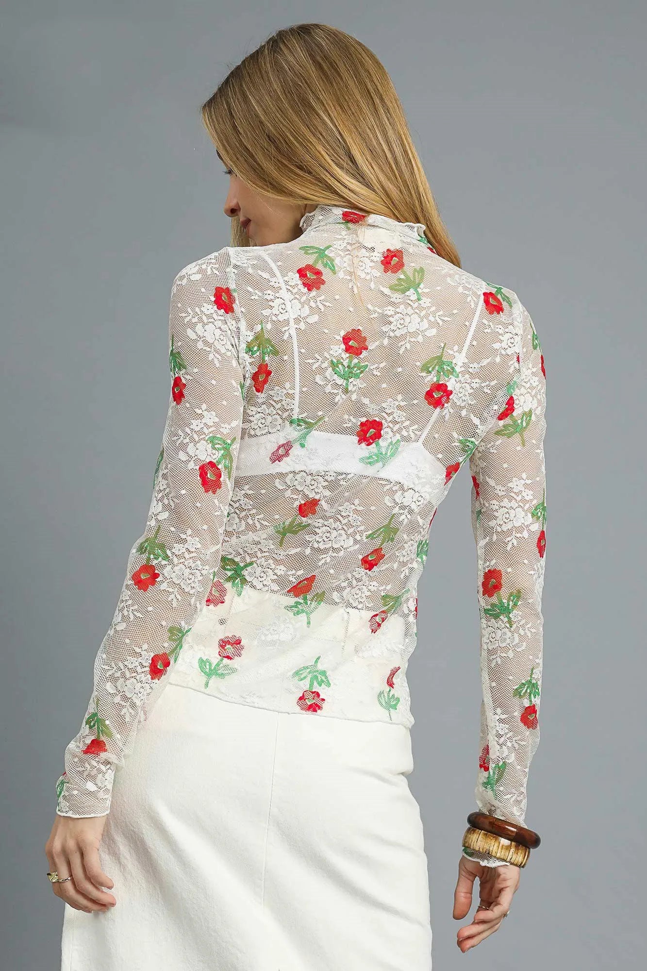Umgee Floral Mock Neck Long Sleeve Sheer Top - Tigbul's Variety Fashion Shop