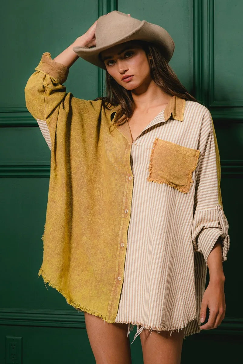 Washed Raw Hem Shirt - Tigbul's Variety Fashion Shop