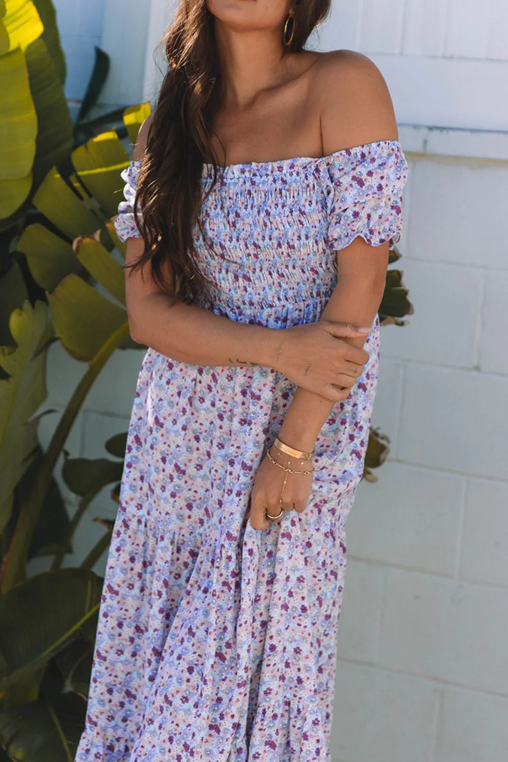 Lavender Tiered Floral Shirred High Waist Maxi Dress - Tigbul's Variety Fashion Shop