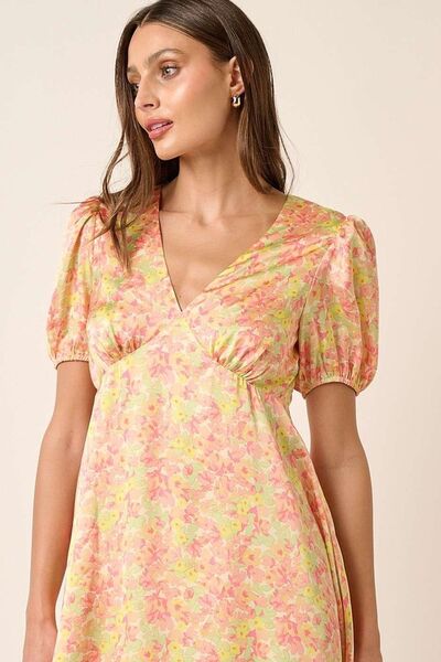 Tellow Combo Printed V-Neck Puff Sleeve Mini Dress - Tigbul's Variety Fashion Shop