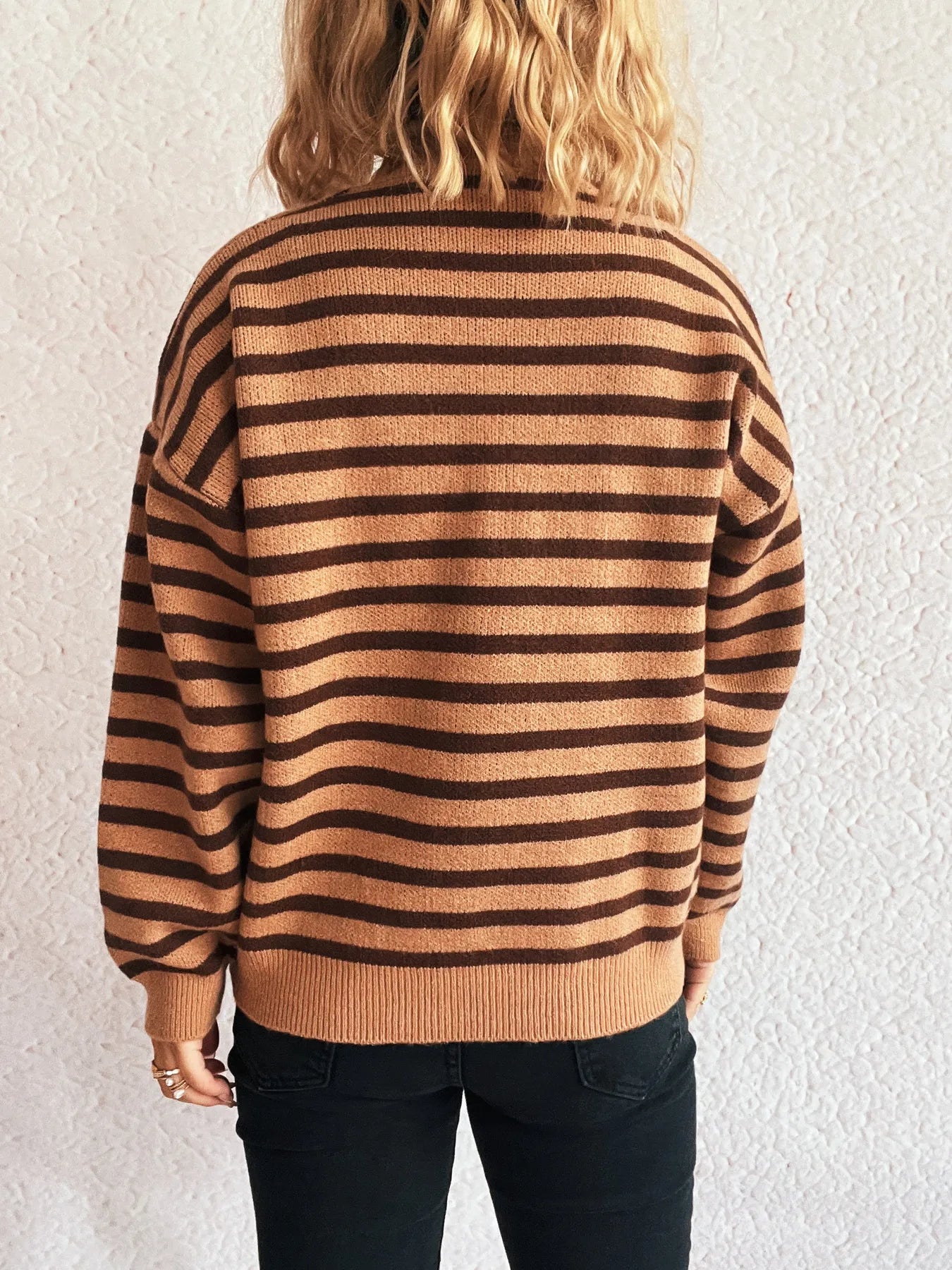 Striped Mock Neck Long Sleeve Sweater - Tigbul's Variety Fashion Shop