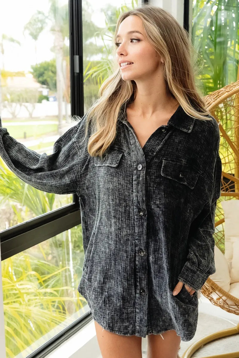 BiBi Vintage Washed Wrinkle Gauze Shacket - Tigbul's Variety Fashion Shop