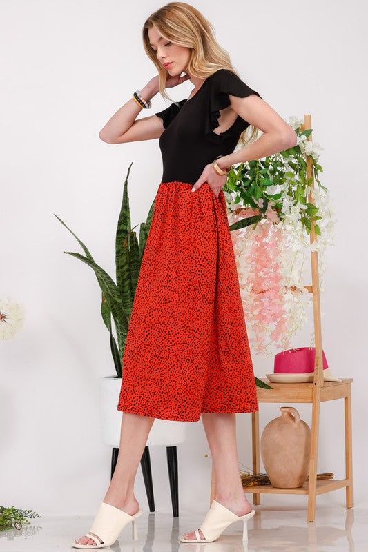 Two Tone Animal Print Flutter Sleeve Midi Dress - Tigbul's Variety Fashion Shop