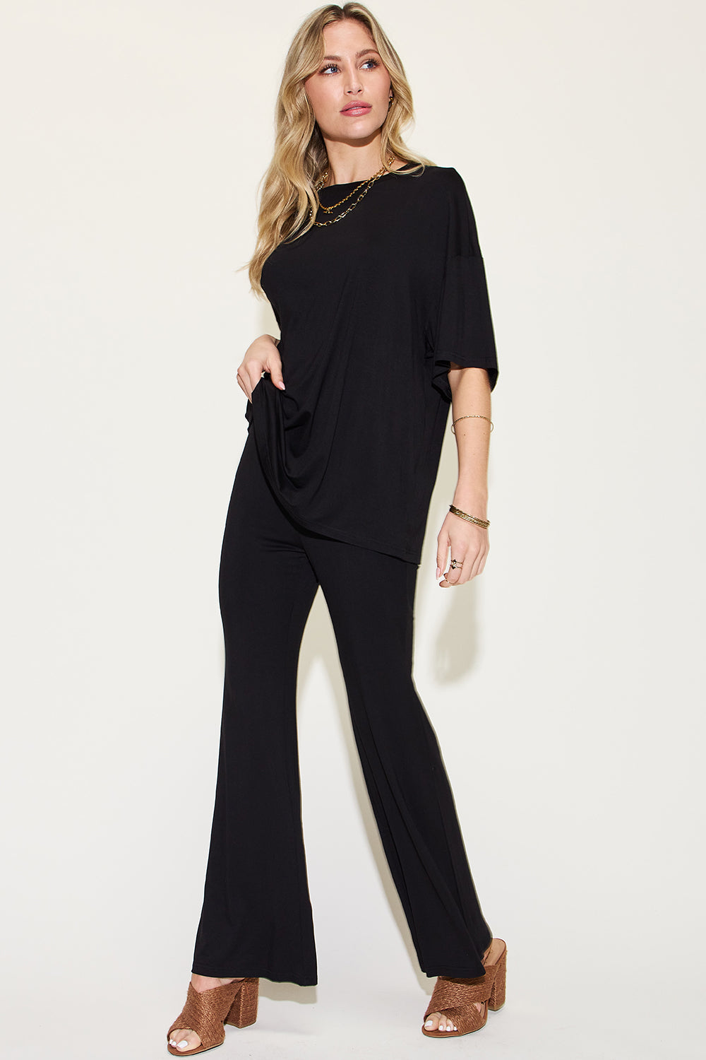 Bamboo Drop Shoulder T-Shirt and Flare Pants Set - Tigbul's Variety Fashion Shop