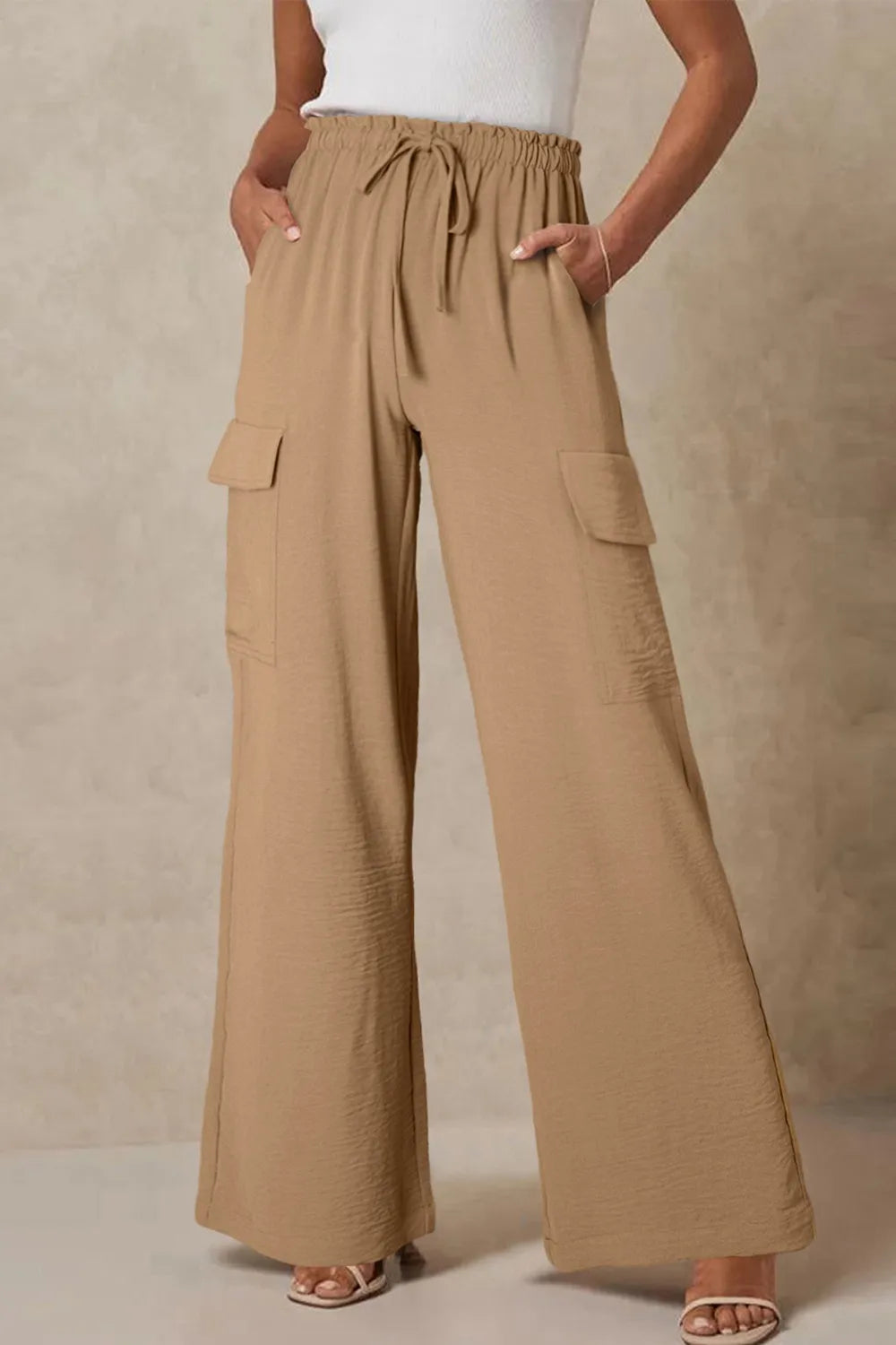 Drawstring Frilled Waist Wide Leg Utility Trousers - Tigbul's Variety Fashion Shop
