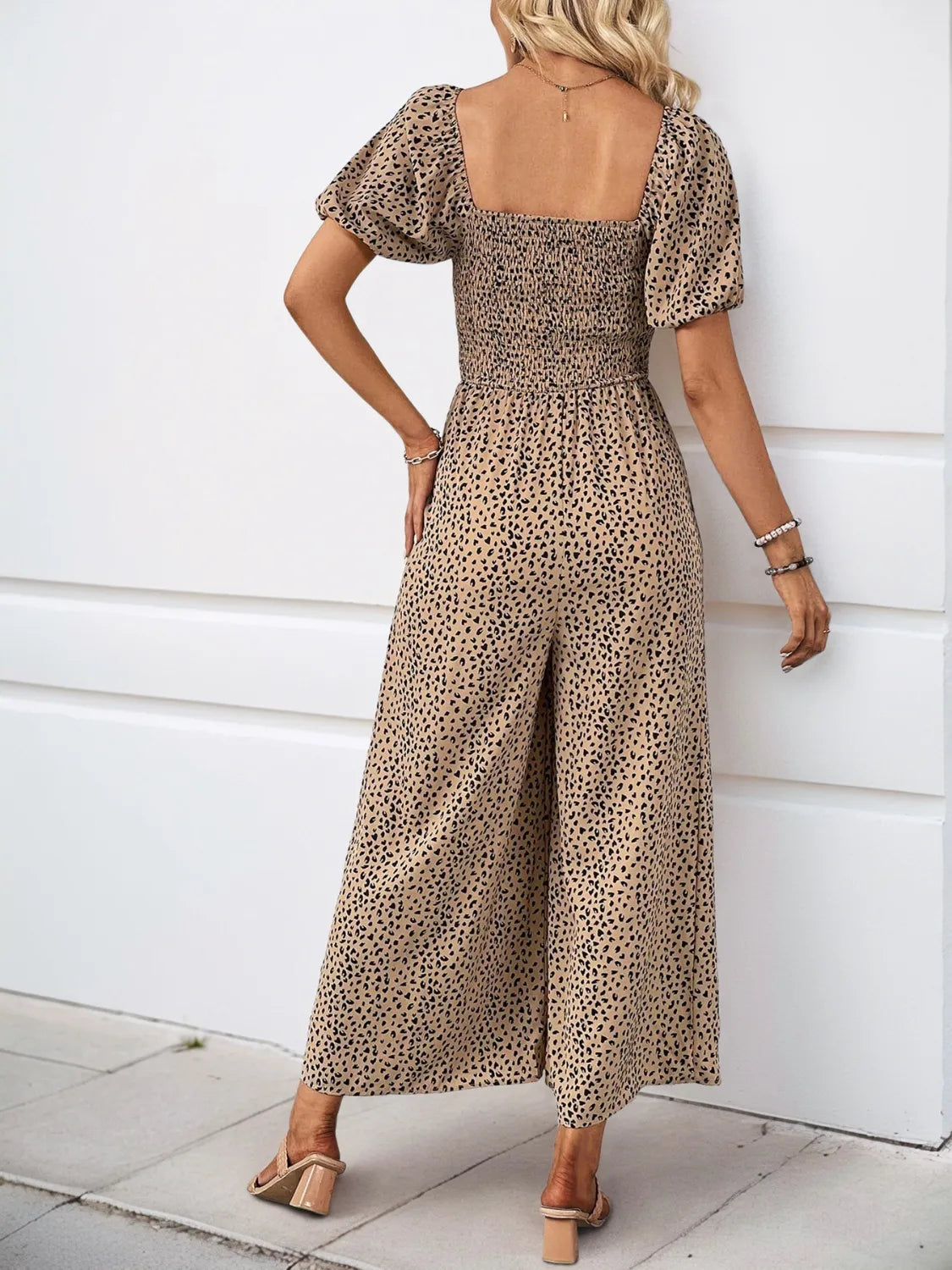 Printed Square Neck Puff Sleeve Jumpsuit - Tigbul's Variety Fashion Shop