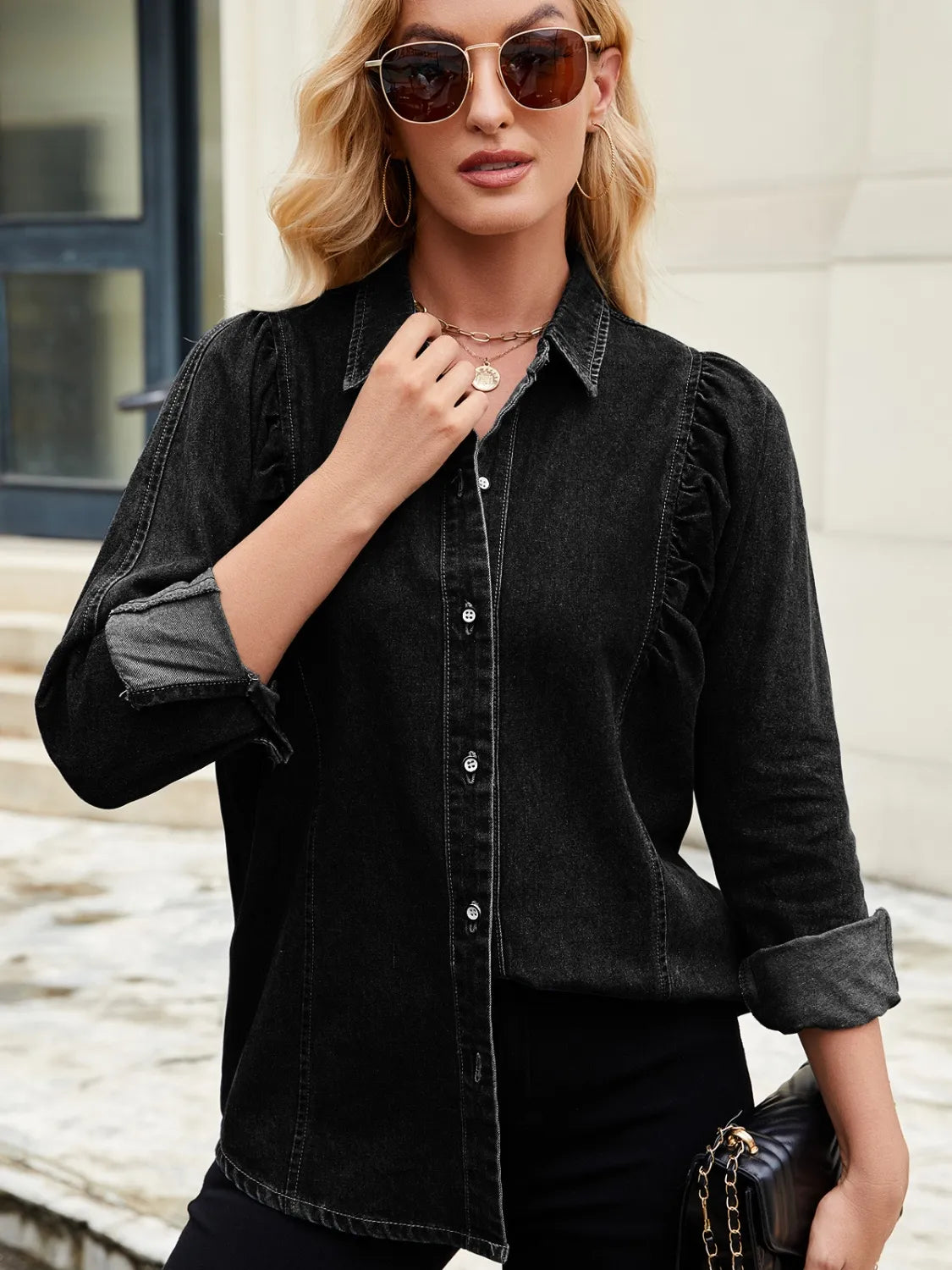 Button Down Collared Neck Denim Shirt - Tigbul's Variety Fashion Shop