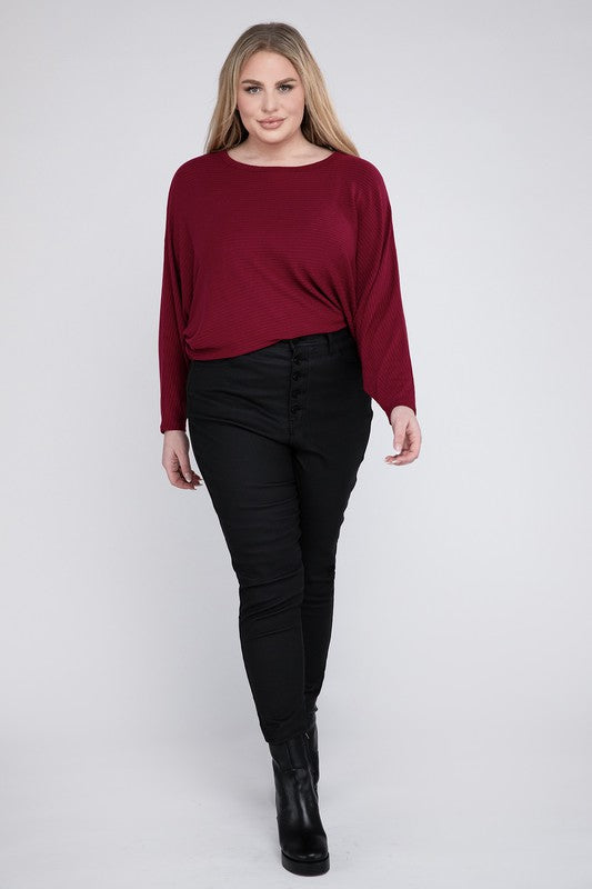 Plus Ribbed Batwing Long Sleeve Boat Neck Sweater - Tigbul's Variety Fashion Shop