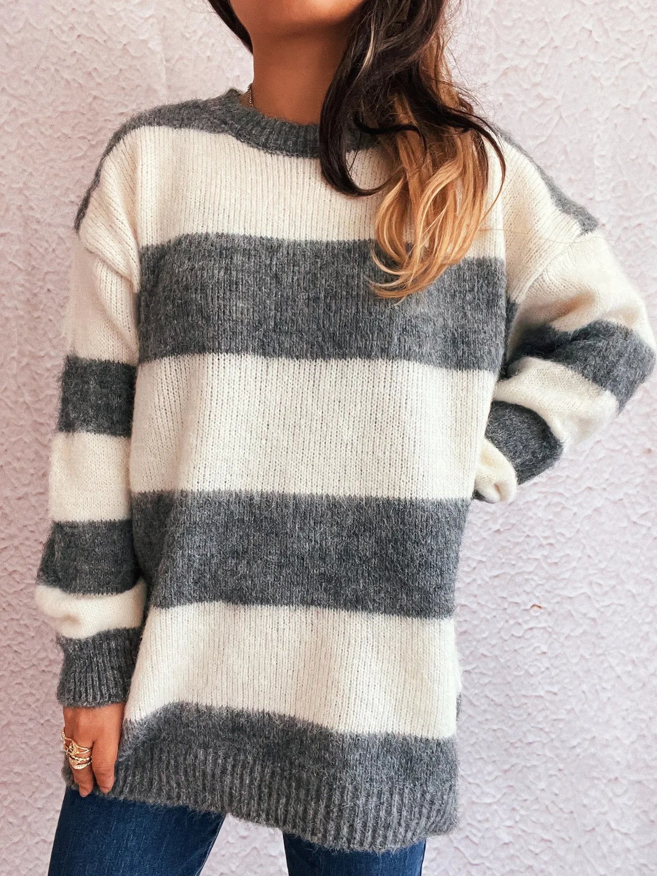 Striped Contrast Long Sleeve Sweater - Tigbul's Variety Fashion Shop