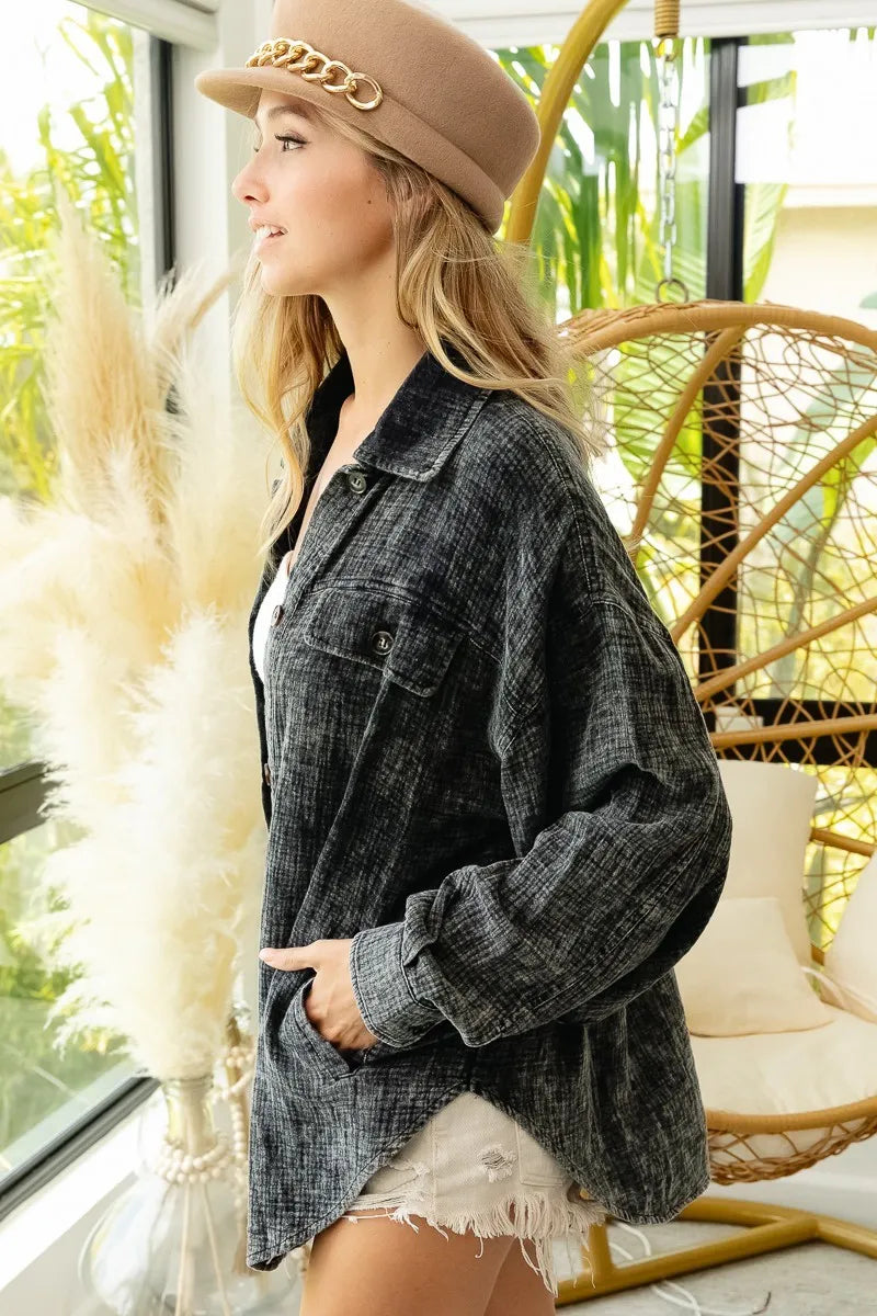 BiBi Vintage Washed Wrinkle Gauze Shacket - Tigbul's Variety Fashion Shop