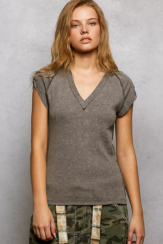 POL V-Neck Short Sleeve Washed T-Shirt with Outseam - Tigbul's Variety Fashion Shop