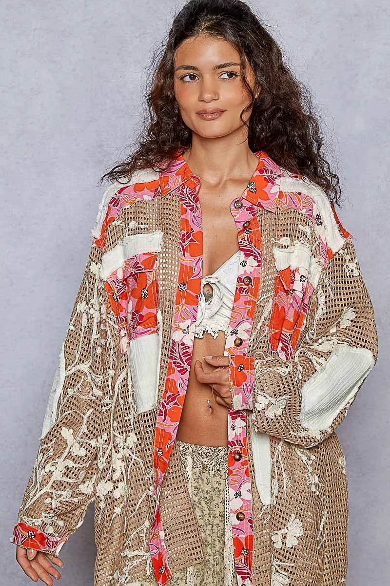 POL Floral Print Crochet Button Up Shirt - Tigbul's Variety Fashion Shop