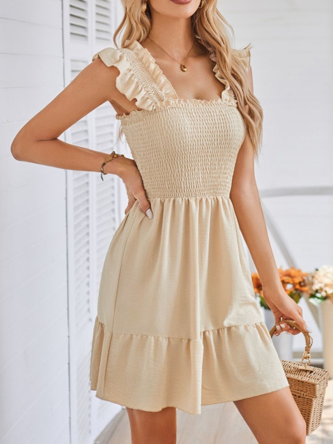 Smocked Square Neck Wide Strap Dress - Tigbul's Variety Fashion Shop