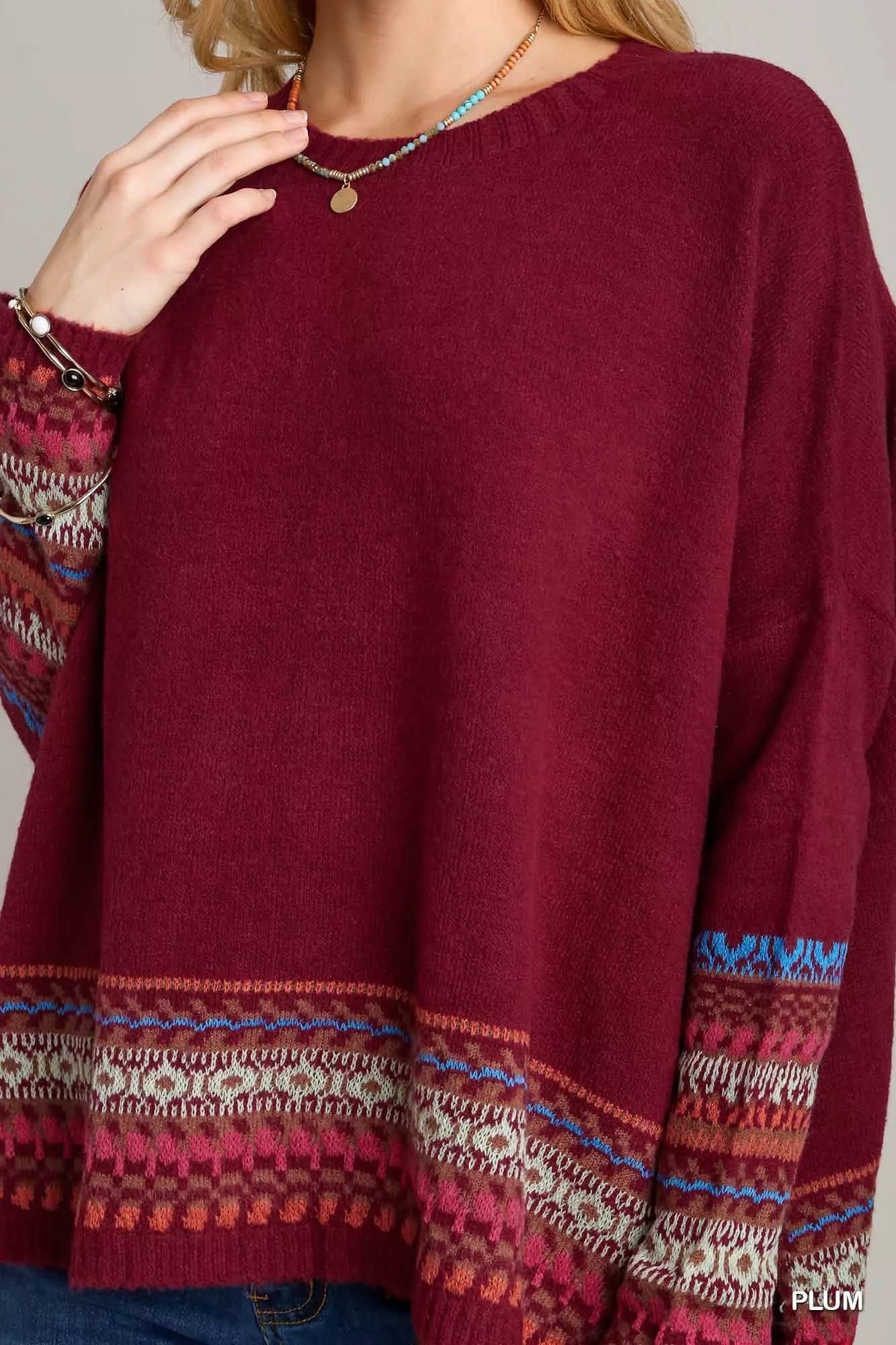Umgee Long Sleeve Round Neck Knit Top with Side Slits and Stitch Detail - Tigbul's Variety Fashion Shop