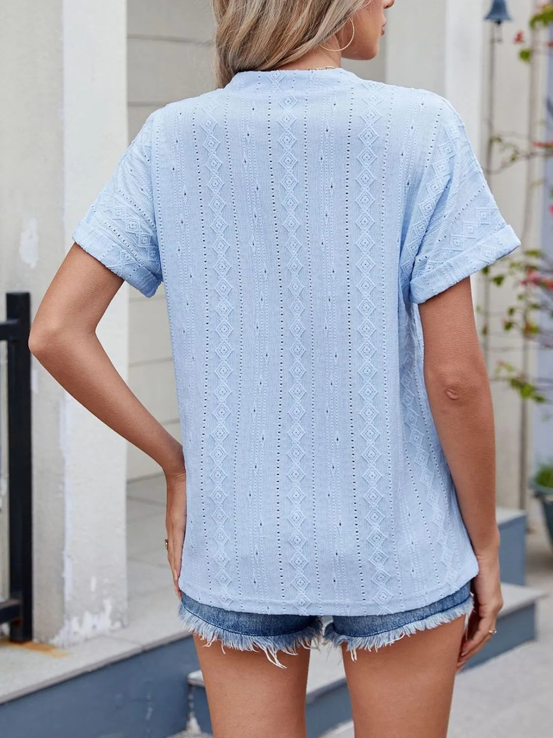 Eyelet Notched Short Sleeve Top - Tigbul's Variety Fashion Shop