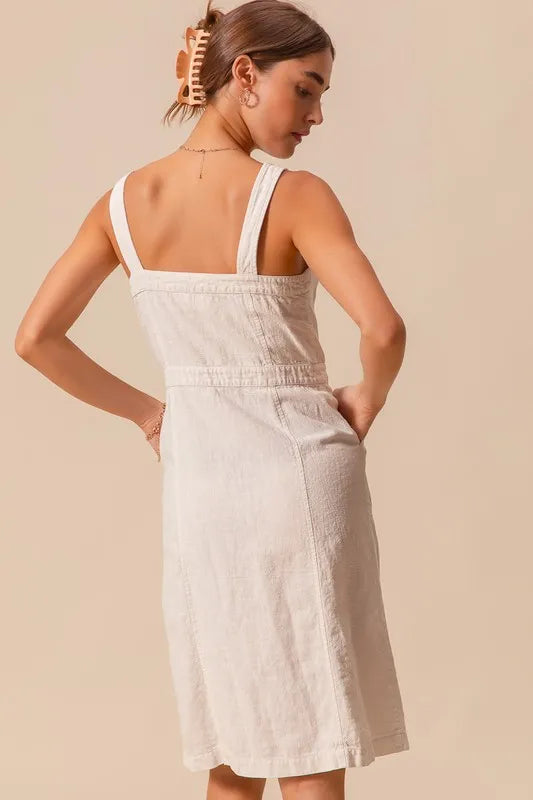Button Down Pocket Front Off White Pinafore Dress - Tigbul's Variety Fashion Shop