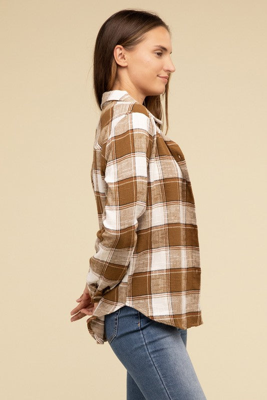Cotton Plaid Shacket With Front Pocket - Tigbul's Variety Fashion Shop