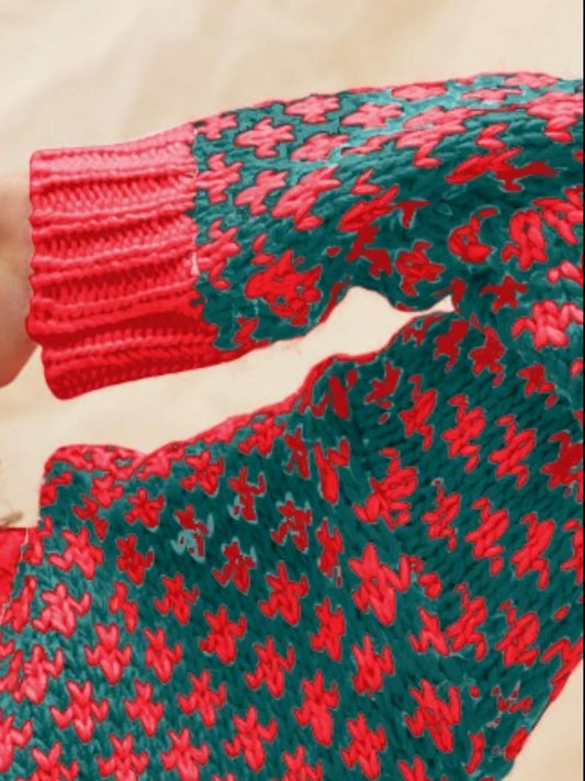 SO ME Color Block Textured Christmas Sweater V Neck Top - Tigbul's Variety Fashion Shop