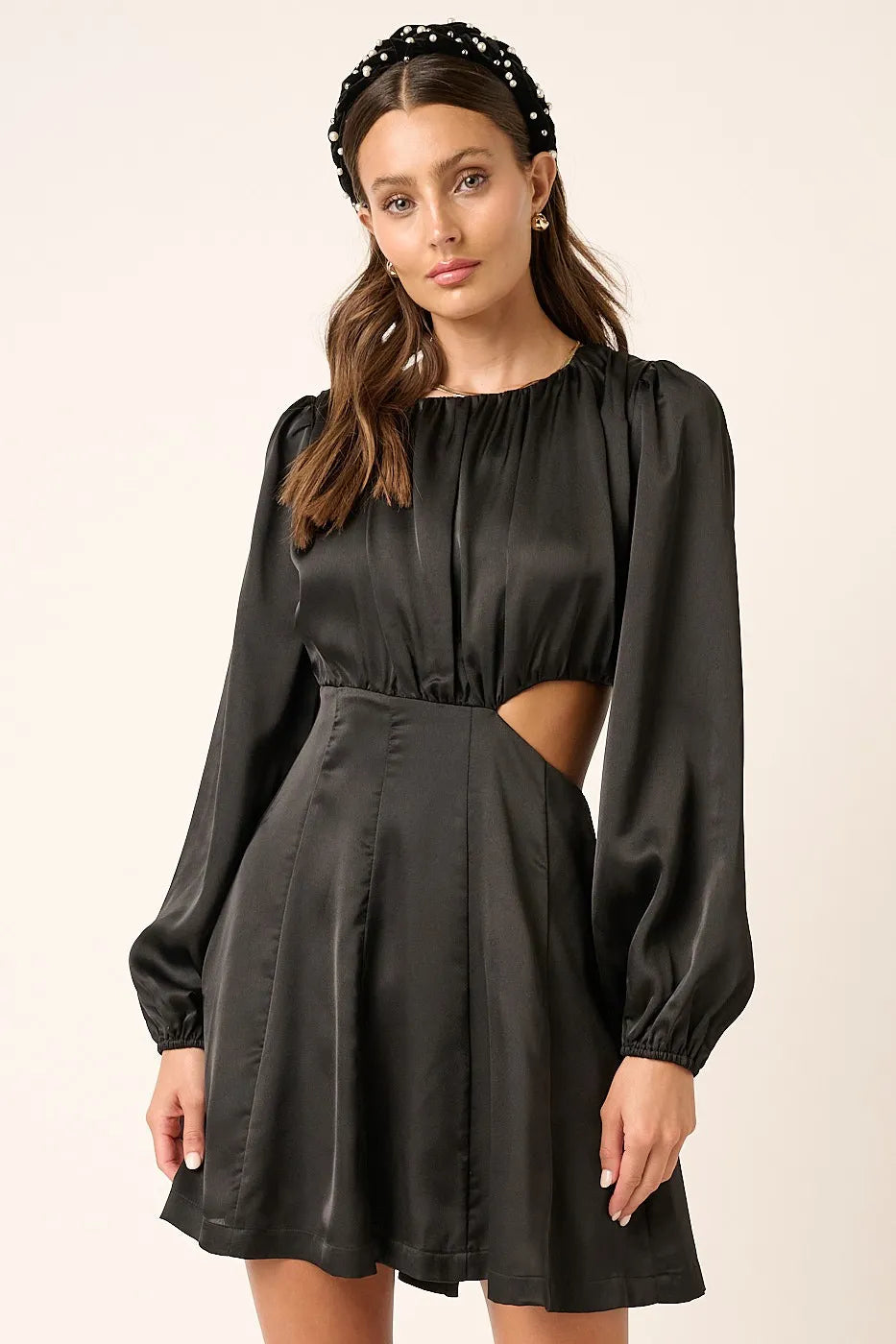 Black Satin Side Cutout Detail Mini Dress - Tigbul's Variety Fashion Shop