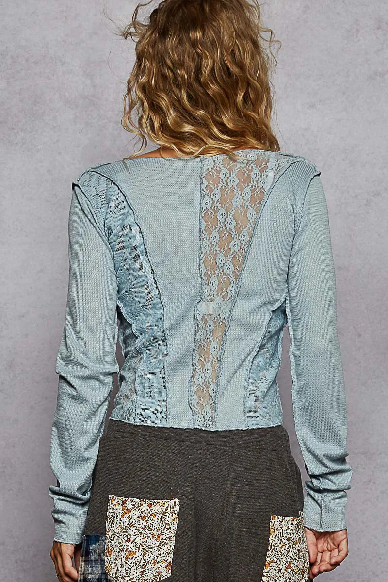 POL Lace Patchwork Long Sleeve T-Shirt - Tigbul's Variety Fashion Shop