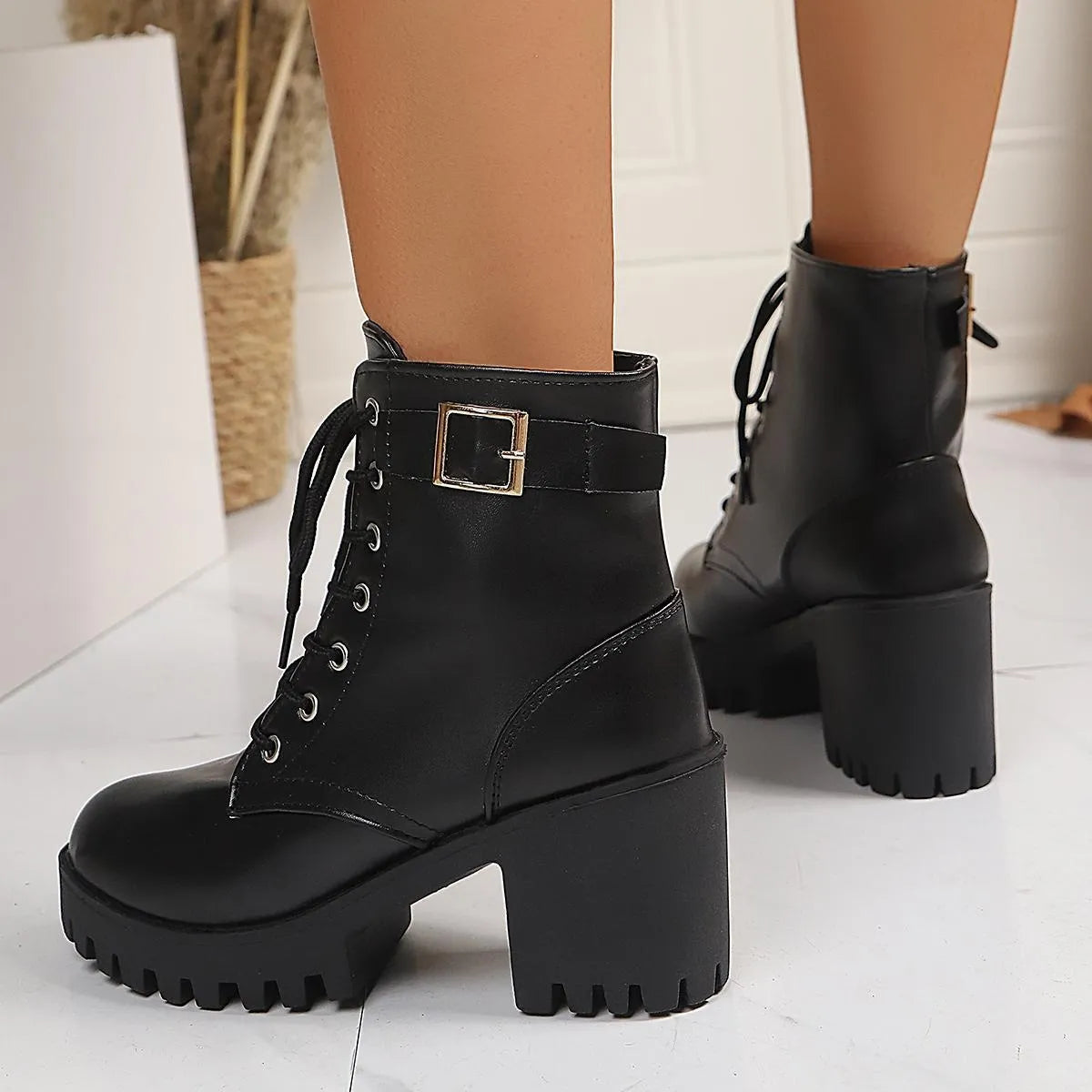 Combat Lace Up Boots with Buckle Straps - Tigbul's Variety Fashion Shop