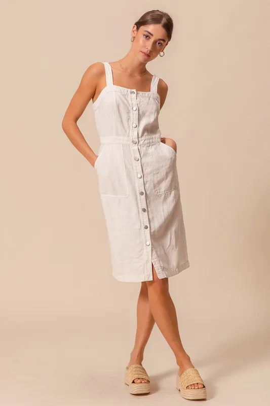 Button Down Pocket Front Off White Pinafore Dress - Tigbul's Variety Fashion Shop