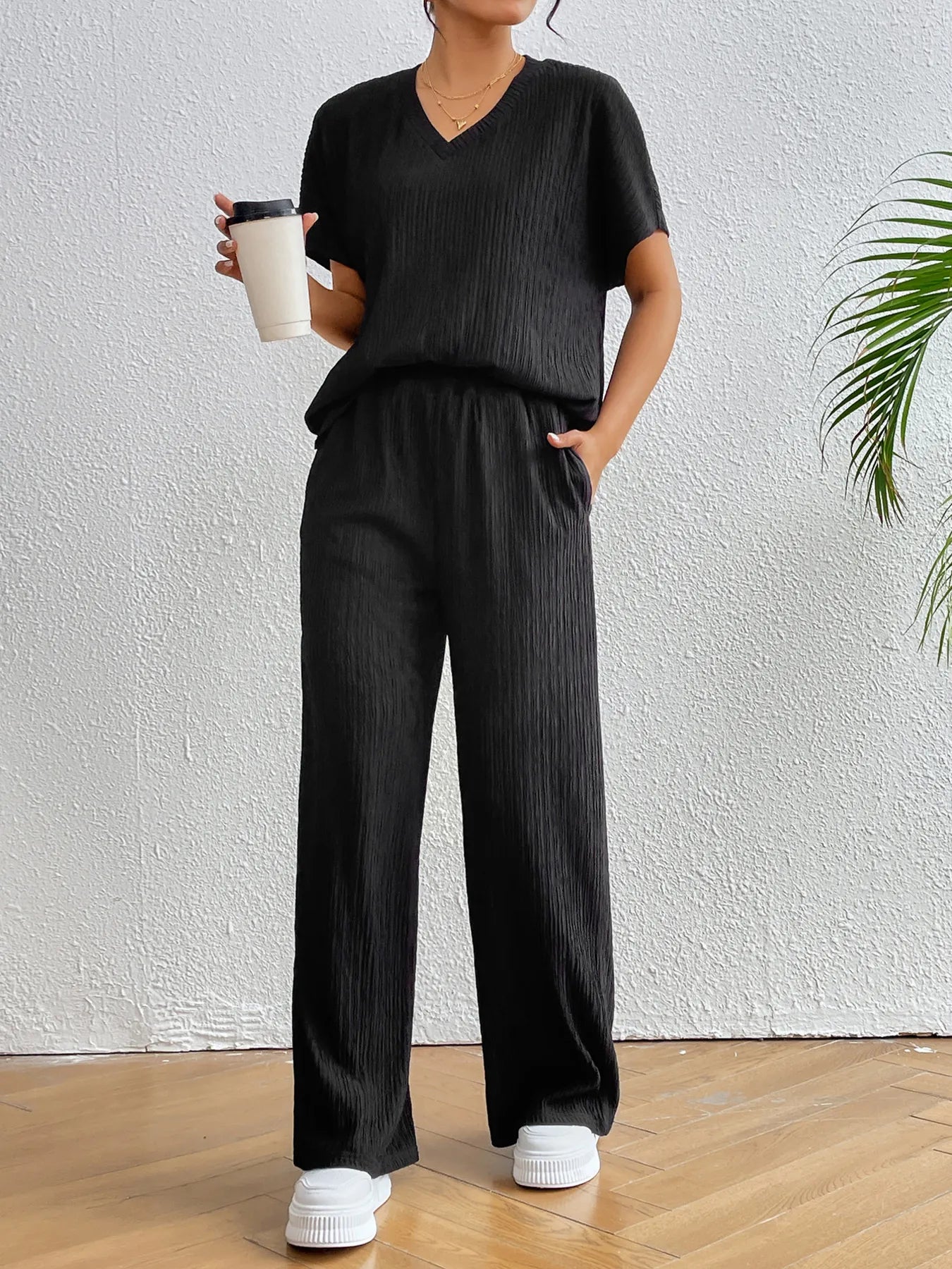 V-Neck Short Sleeve Top and Pants Set - Tigbul's Variety Fashion Shop