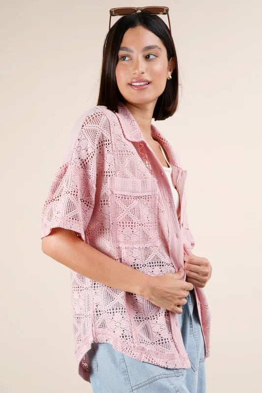 Pink Plus Size Oversized Crochet Button Down Shirt Top - Tigbul's Variety Fashion Shop