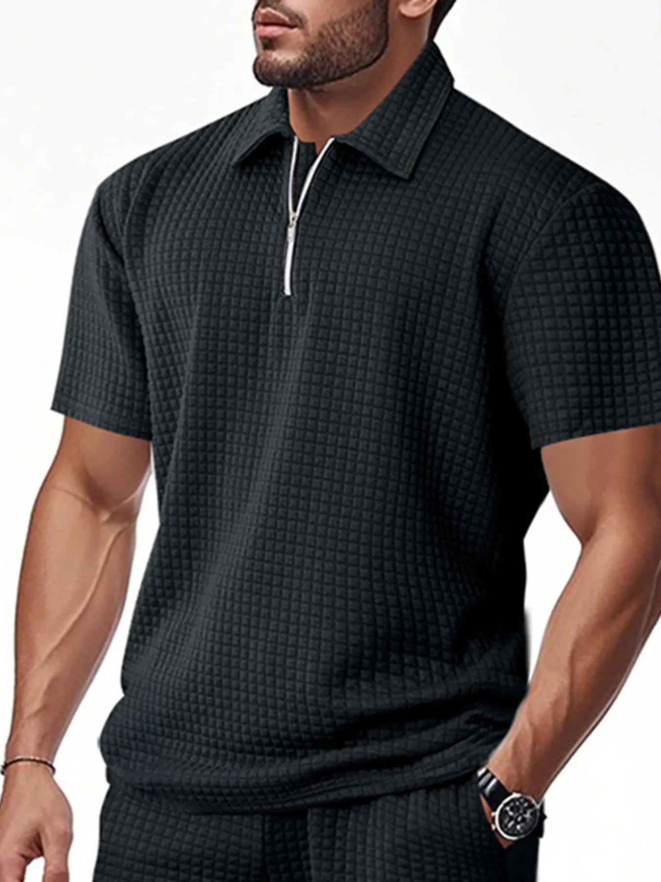 Men's Full Size Waffle Short Sleeve Polo with Zipper Detail Plus Size - Tigbul's Variety Fashion Shop