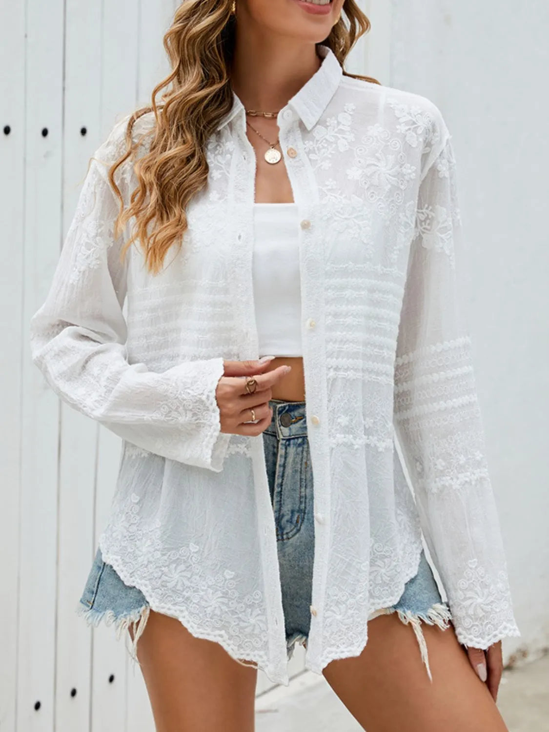 Button Down Collared Neck Long Sleeve Shirt - Tigbul's Variety Fashion Shop