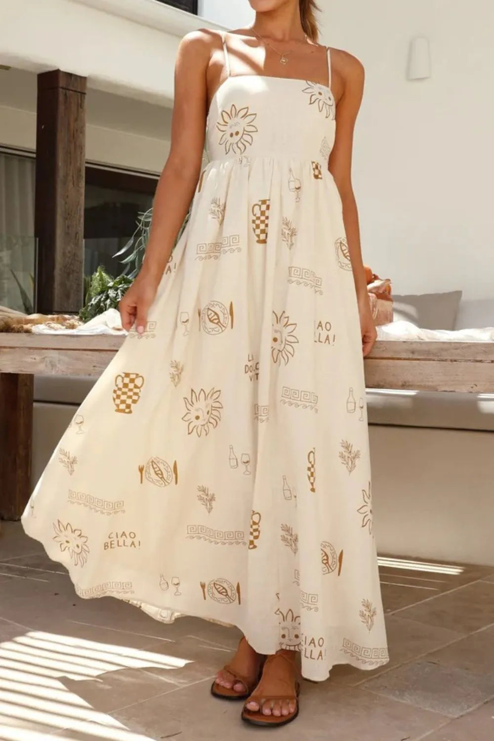 Cutout Back Printed Square Neck Maxi Cami Dress - Tigbul's Variety Fashion Shop