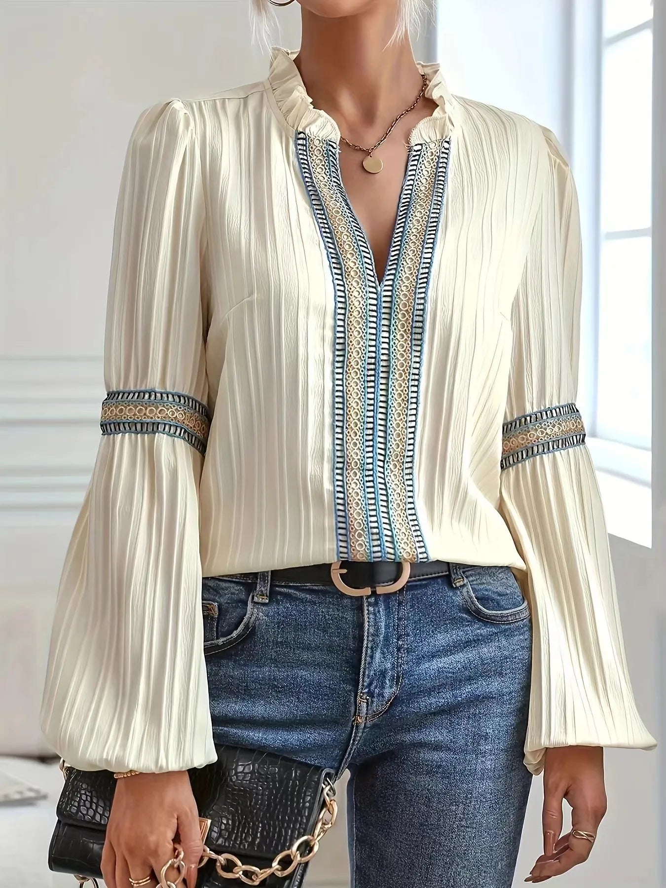 Notched Textured Balloon Sleeve Blouse - Tigbul's Variety Fashion Shop