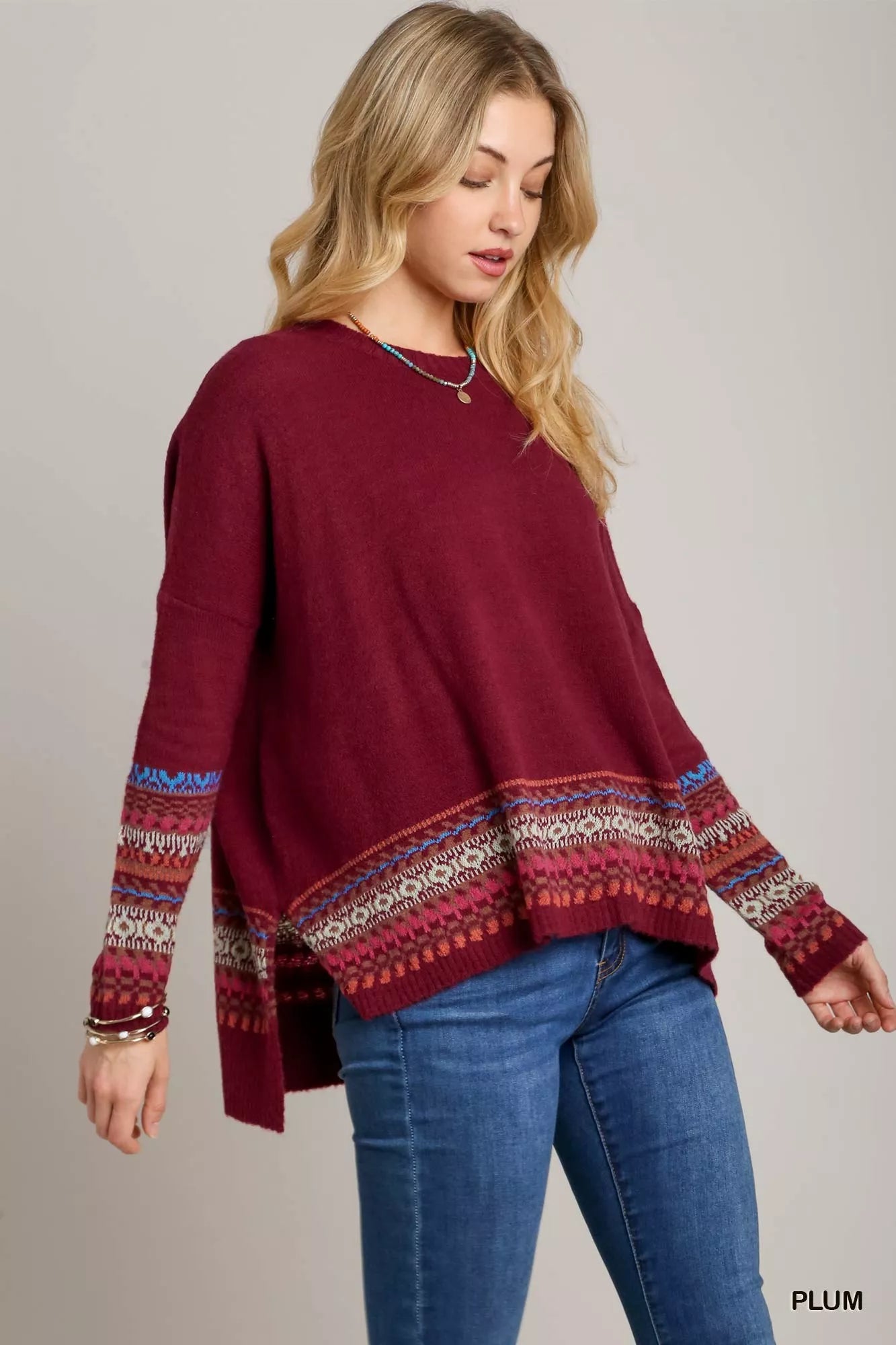 Umgee Long Sleeve Round Neck Knit Top with Side Slits and Stitch Detail - Tigbul's Variety Fashion Shop