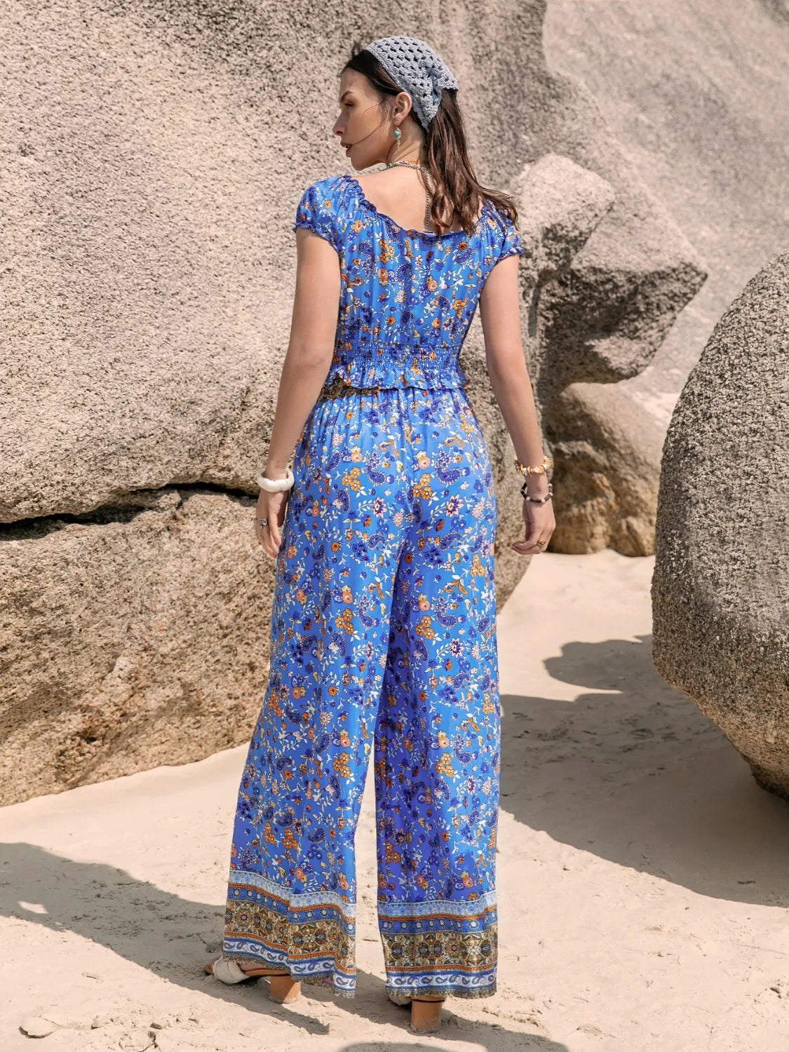 Printed V-Neck Top and Pants Set - Tigbul's Variety Fashion Shop