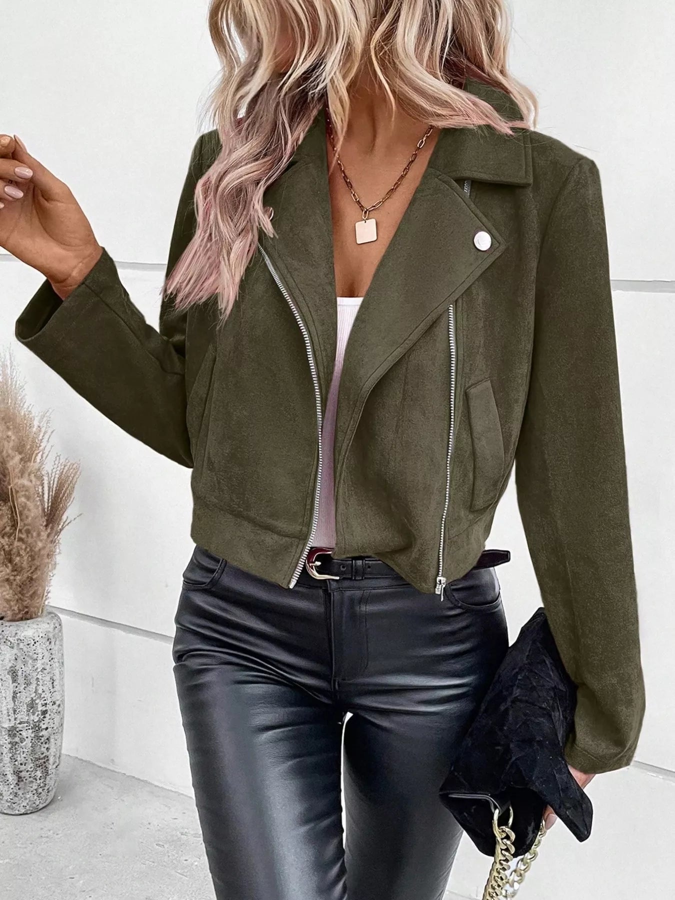 Suede Moto Jacket with Zip Detail - Tigbul's Variety Fashion Shop