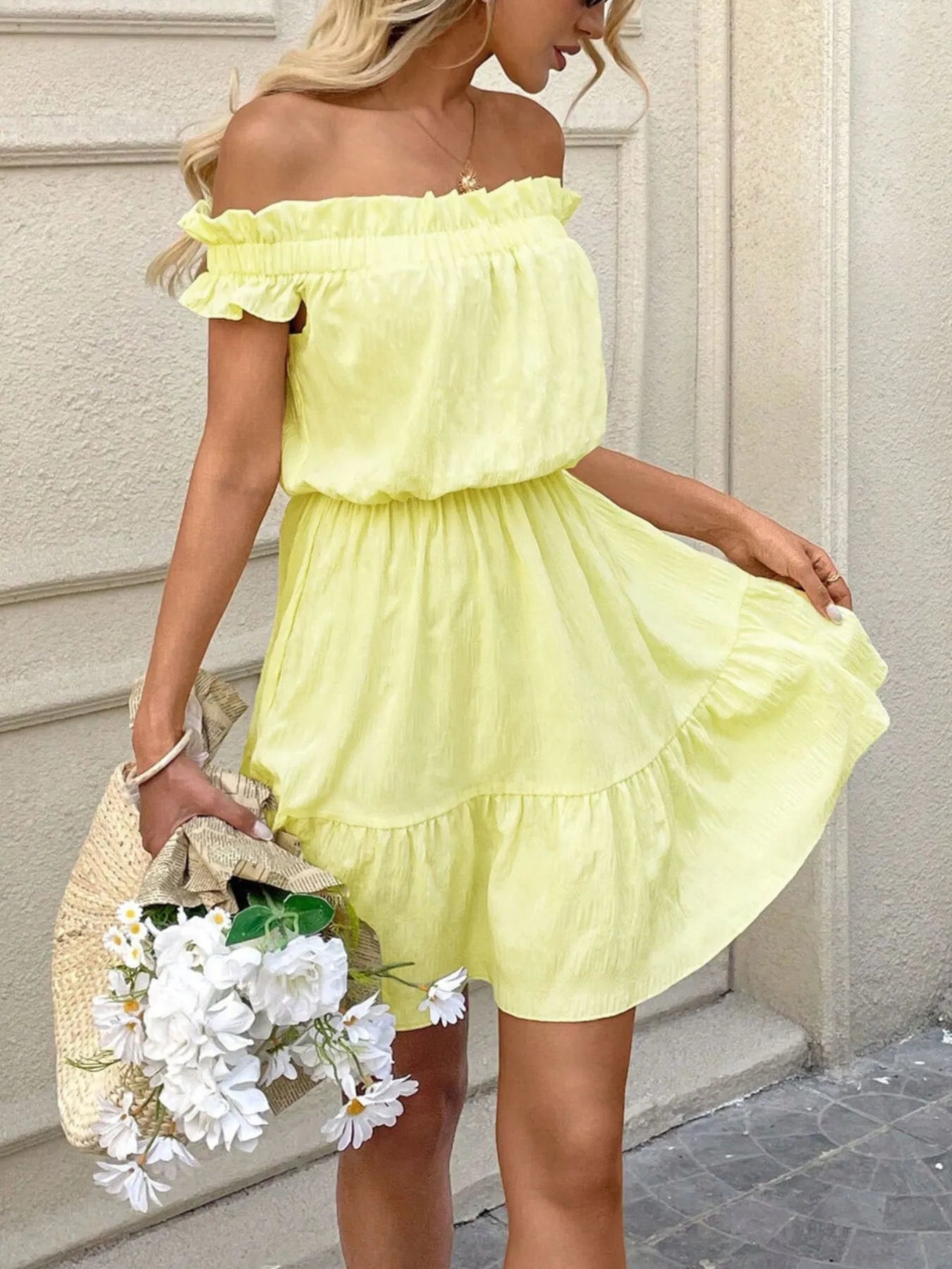 Off-Shoulder Ruffle Hem Summer Dress - Tigbul's Variety Fashion Shop