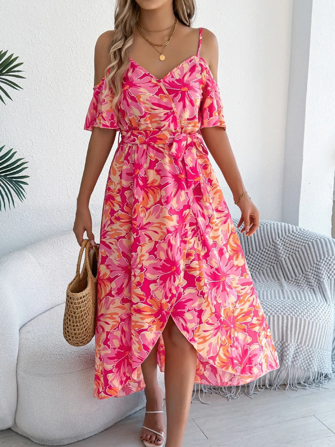 Printed Cold Shoulder Midi Cami Dress - Tigbul's Variety Fashion Shop