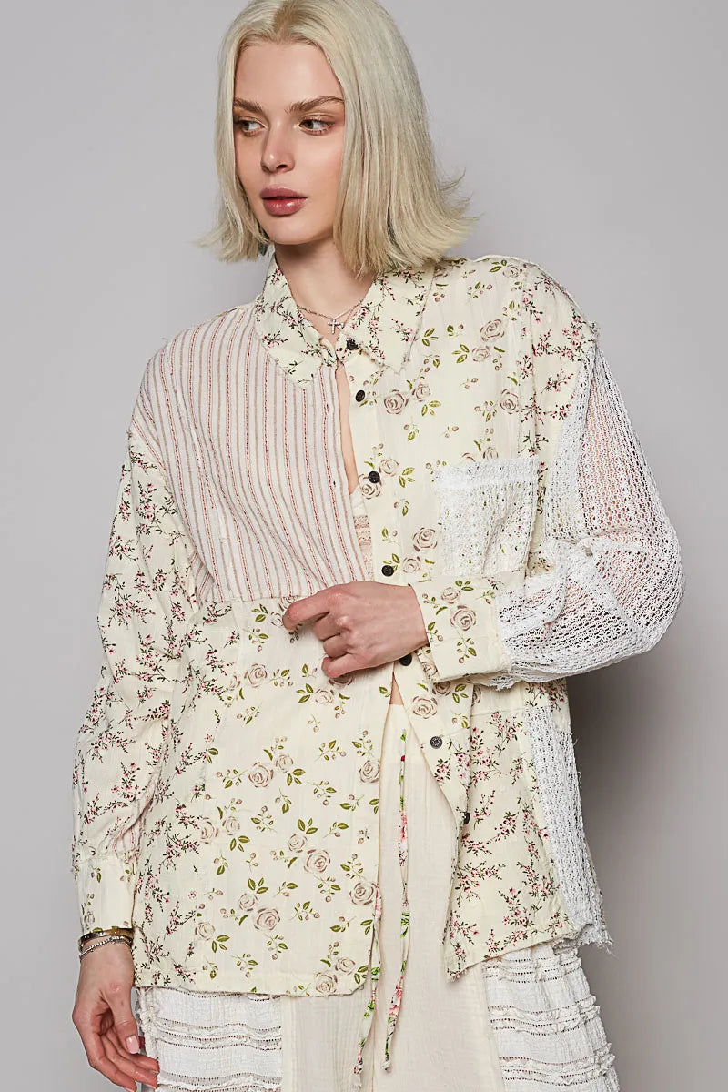POL Lace Patchwork Floral Button-Up Shirt - Tigbul's Variety Fashion Shop
