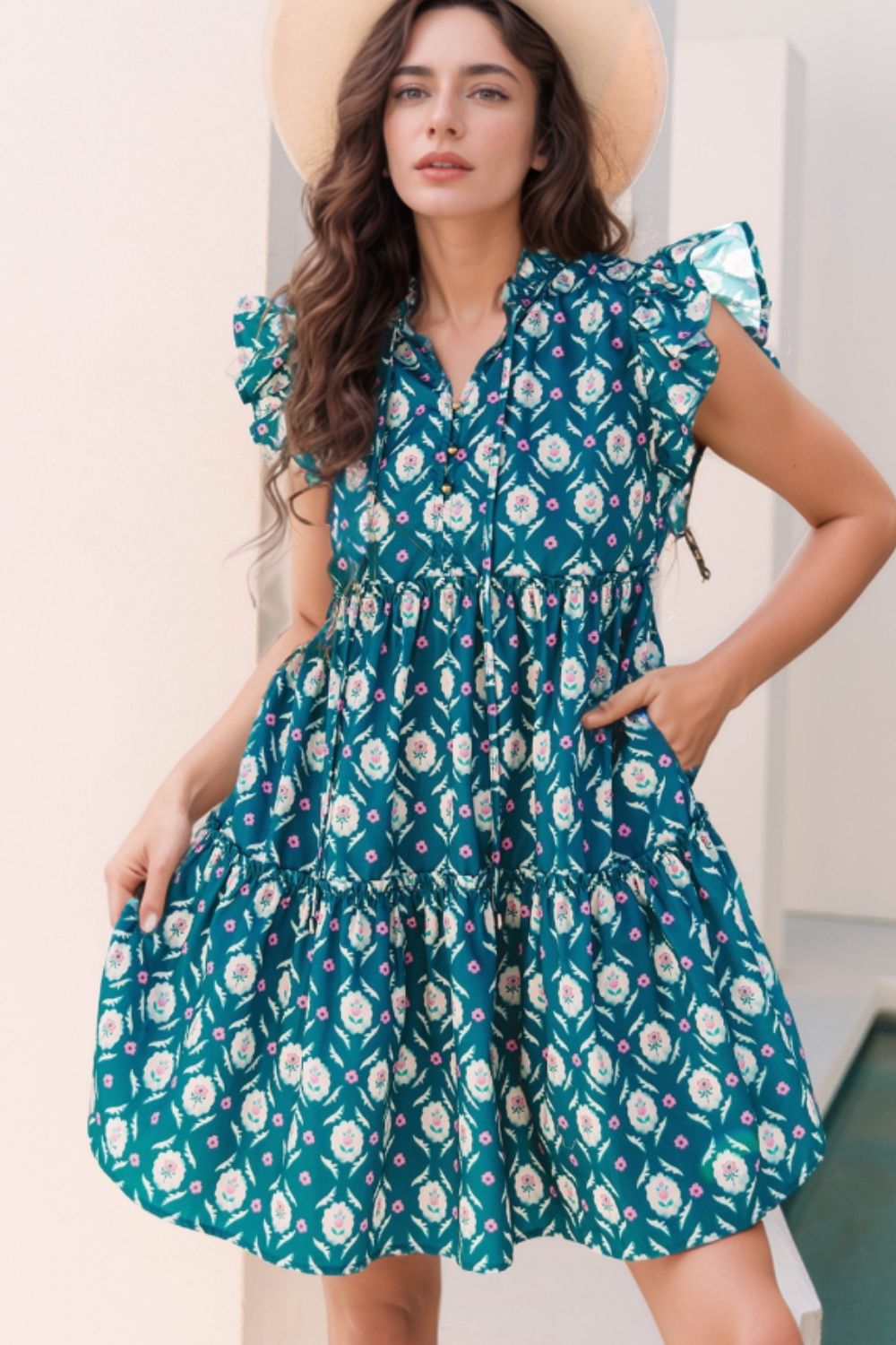 Printed Tie Neck Ruffled Cap Sleeve Dress - Tigbul's Variety Fashion Shop