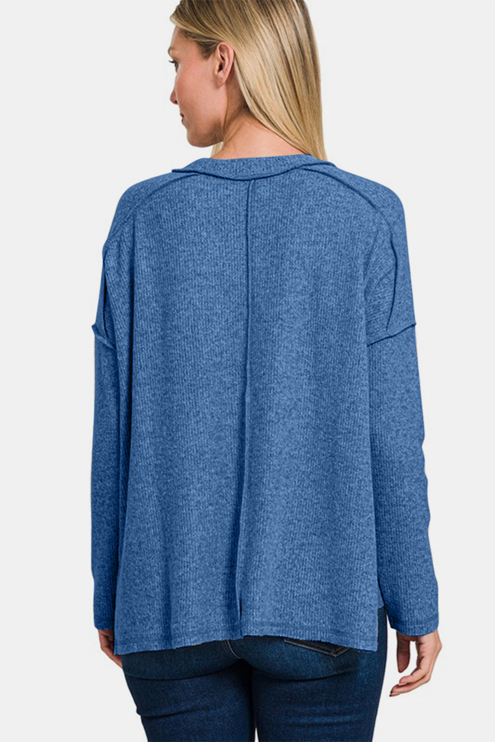 Navy Exposed Seam Brushed Round Neck Sweater - Tigbul's Variety Fashion Shop