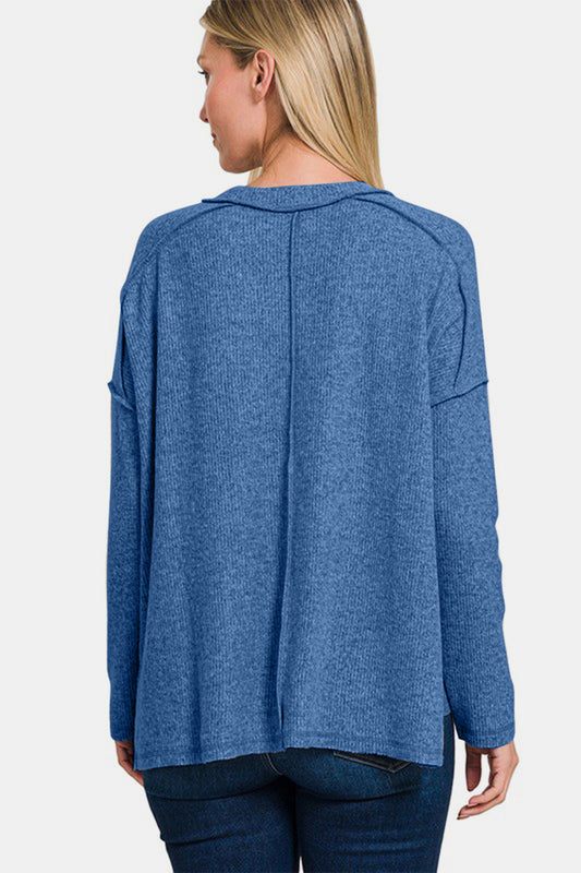 Navy Exposed Seam Brushed Round Neck Sweater - Tigbul's Variety Fashion Shop