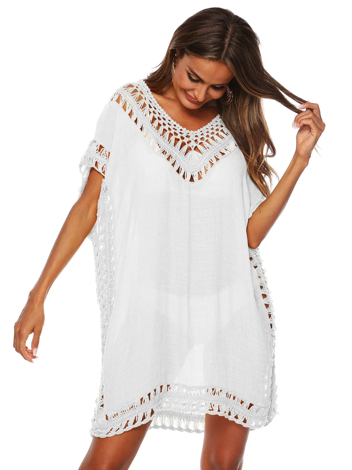 Bohemian Crochet Trim Beach Cover Up Dress - Tigbul's Variety Fashion Shop