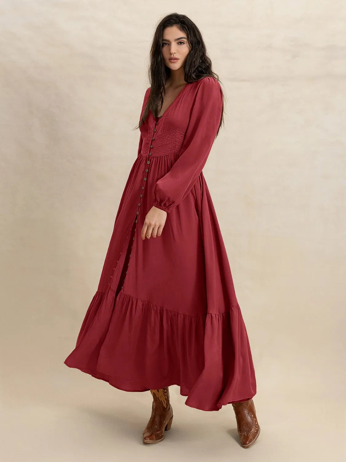 Burgundy V-Neck Balloon Sleeve Ruffled Hem Maxi Dress - Tigbul's Variety Fashion Shop