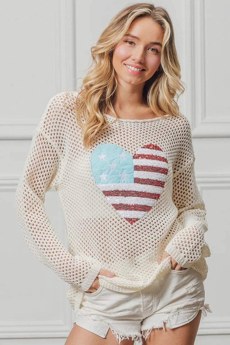 Off White Sequin American Flag Heart Knit Top - Tigbul's Variety Fashion Shop
